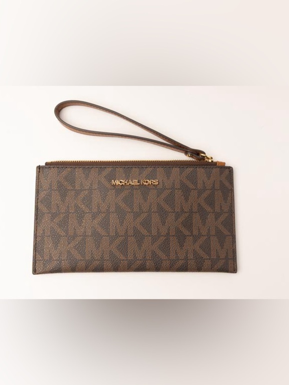 Michael Kors Brown Logo-Print Wristlet with Gold Hardware